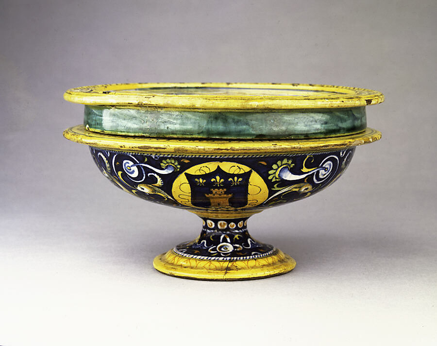 Broth bowl and cover (scodella and tagliere) from an accouchement set; Aeneas leaving Troy with his father and son (inside bowl); Pyramis and Thisbe (on cover), Baldassare Manara (Italian, Faenza, active first half 16th century), Maiolica (tin-glazed earthenware)