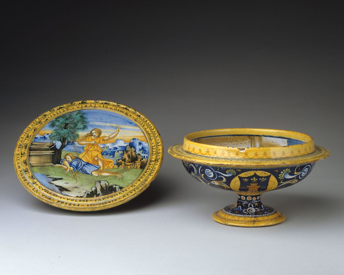 Broth bowl and cover (scodella and tagliere) from an accouchement set; Aeneas leaving Troy with his father and son (inside bowl); Pyramis and Thisbe (on cover), Baldassare Manara (Italian, Faenza, active first half 16th century), Maiolica (tin-glazed earthenware)