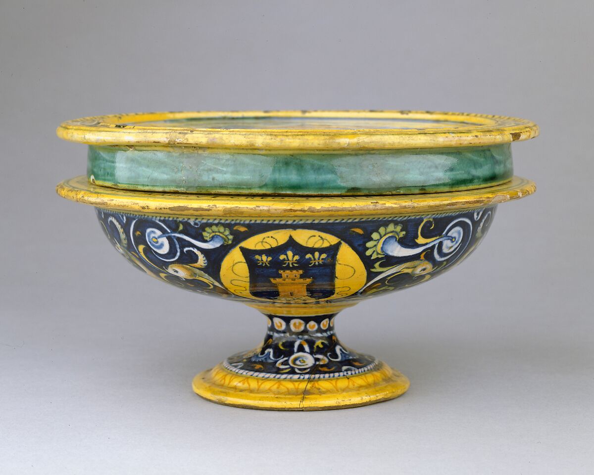 Broth bowl and cover (scodella and tagliere) from an accouchement set; Aeneas leaving Troy with his father and son (inside bowl); Pyramis and Thisbe (on cover), Baldassare Manara (Italian, Faenza, active first half 16th century), Maiolica (tin-glazed earthenware)