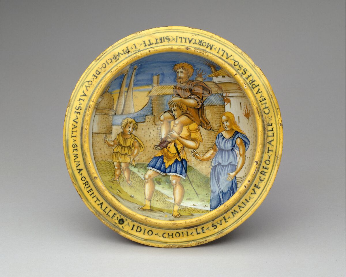 Broth bowl and cover (scodella and tagliere) from an accouchement set; Aeneas leaving Troy with his father and son (inside bowl); Pyramis and Thisbe (on cover), Baldassare Manara (Italian, Faenza, active first half 16th century), Maiolica (tin-glazed earthenware)