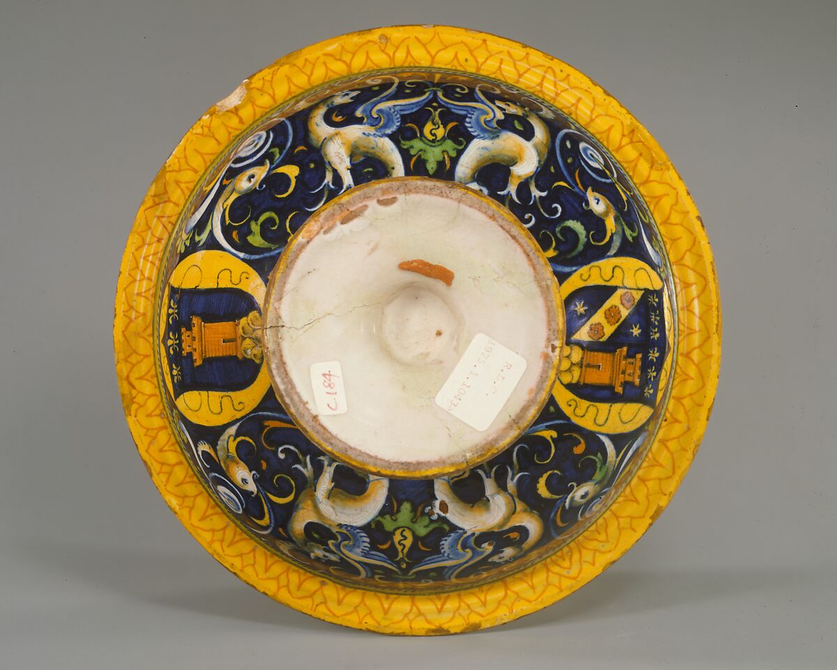 Broth bowl and cover (scodella and tagliere) from an accouchement set; Aeneas leaving Troy with his father and son (inside bowl); Pyramis and Thisbe (on cover), Baldassare Manara (Italian, Faenza, active first half 16th century), Maiolica (tin-glazed earthenware)