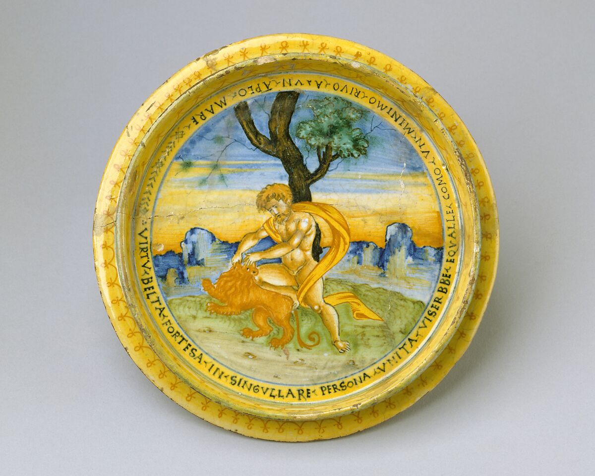 Broth bowl and cover (scodella and tagliere) from an accouchement set; Aeneas leaving Troy with his father and son (inside bowl); Pyramis and Thisbe (on cover), Baldassare Manara (Italian, Faenza, active first half 16th century), Maiolica (tin-glazed earthenware)