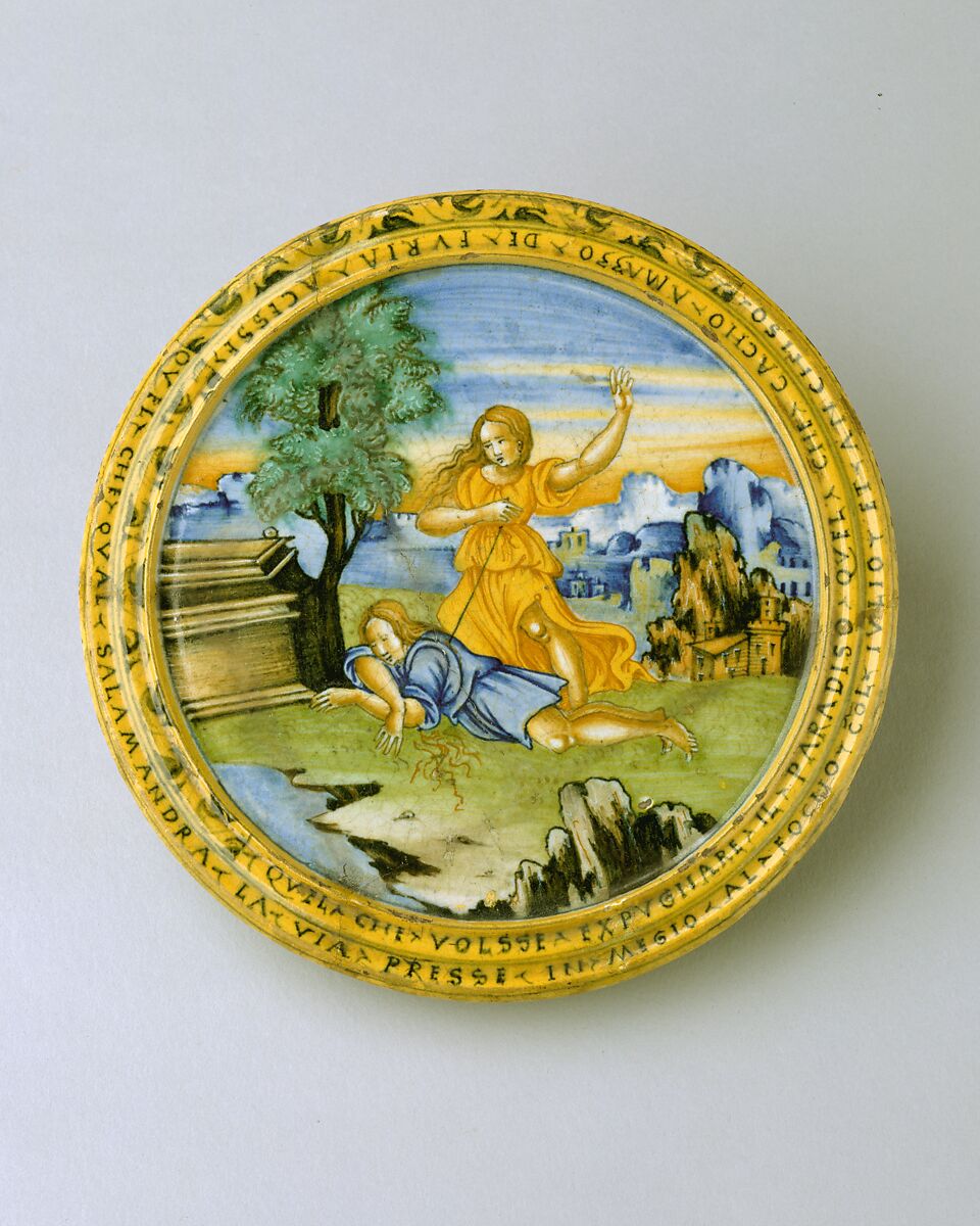 Broth bowl and cover (scodella and tagliere) from an accouchement set; Aeneas leaving Troy with his father and son (inside bowl); Pyramis and Thisbe (on cover), Baldassare Manara (Italian, Faenza, active first half 16th century), Maiolica (tin-glazed earthenware)
