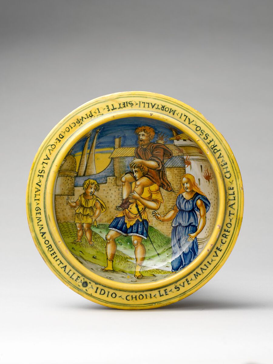 Broth bowl and cover (scodella and tagliere) from an accouchement set; Aeneas leaving Troy with his father and son (inside bowl); Pyramis and Thisbe (on cover)