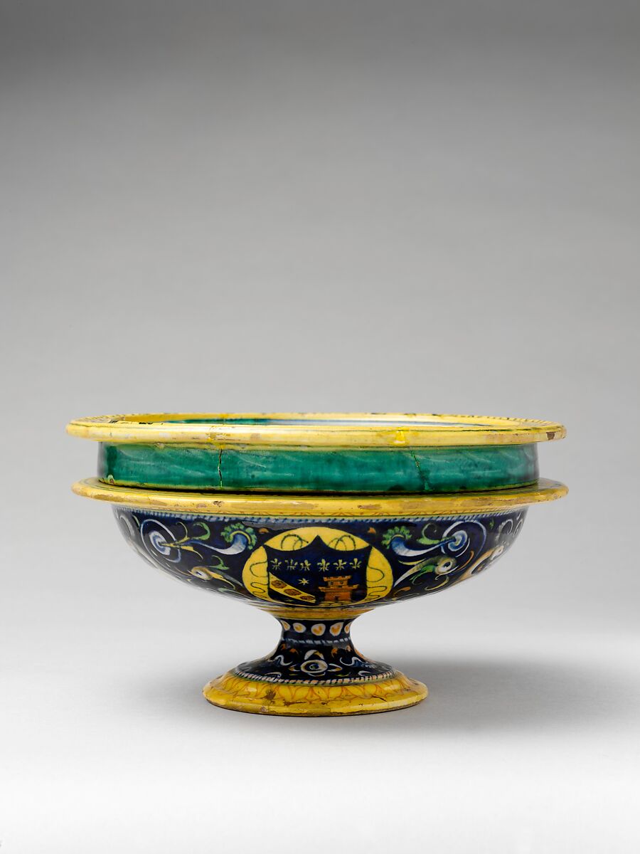 Broth bowl and cover (scodella and tagliere) from an accouchement set; Aeneas leaving Troy with his father and son (inside bowl); Pyramis and Thisbe (on cover), Baldassare Manara (Italian, Faenza, active first half 16th century), Maiolica (tin-glazed earthenware)