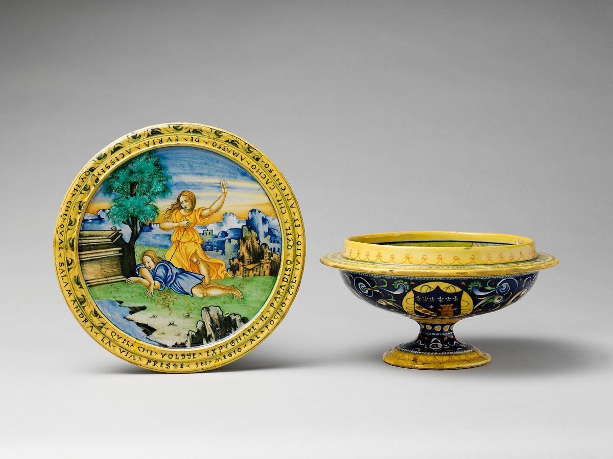 Broth bowl and cover (scodella and tagliere) from an accouchement set; Aeneas leaving Troy with his father and son (inside bowl); Pyramis and Thisbe (on cover), Baldassare Manara (Italian, Faenza, active first half 16th century), Maiolica (tin-glazed earthenware)