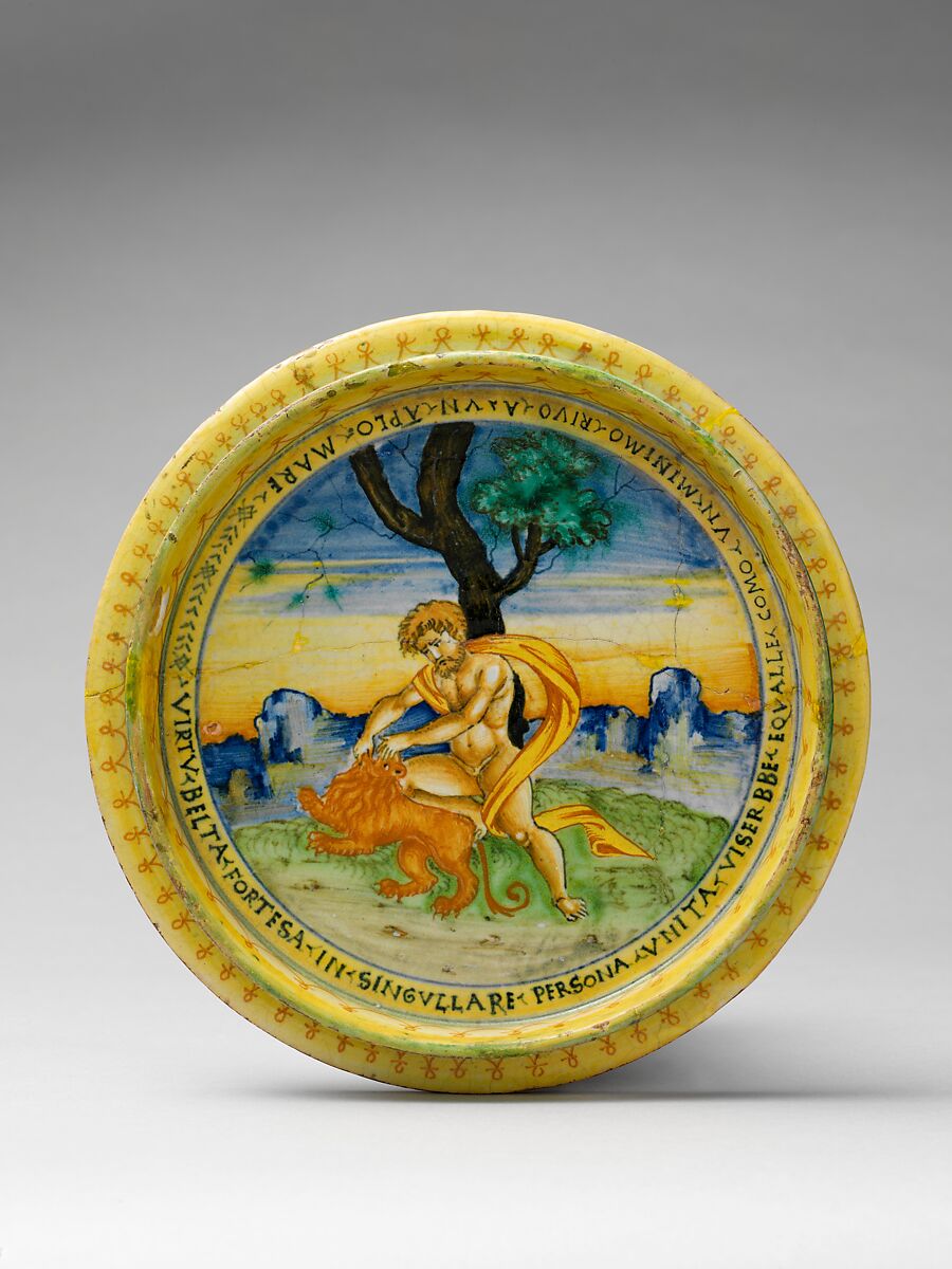Broth bowl and cover (scodella and tagliere) from an accouchement set; Aeneas leaving Troy with his father and son (inside bowl); Pyramis and Thisbe (on cover), Baldassare Manara (Italian, Faenza, active first half 16th century), Maiolica (tin-glazed earthenware)