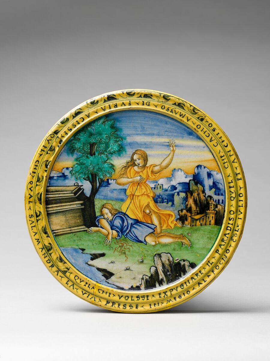 Broth bowl and cover (scodella and tagliere) from an accouchement set; Aeneas leaving Troy with his father and son (inside bowl); Pyramis and Thisbe (on cover), Baldassare Manara (Italian, Faenza, active first half 16th century), Maiolica (tin-glazed earthenware)