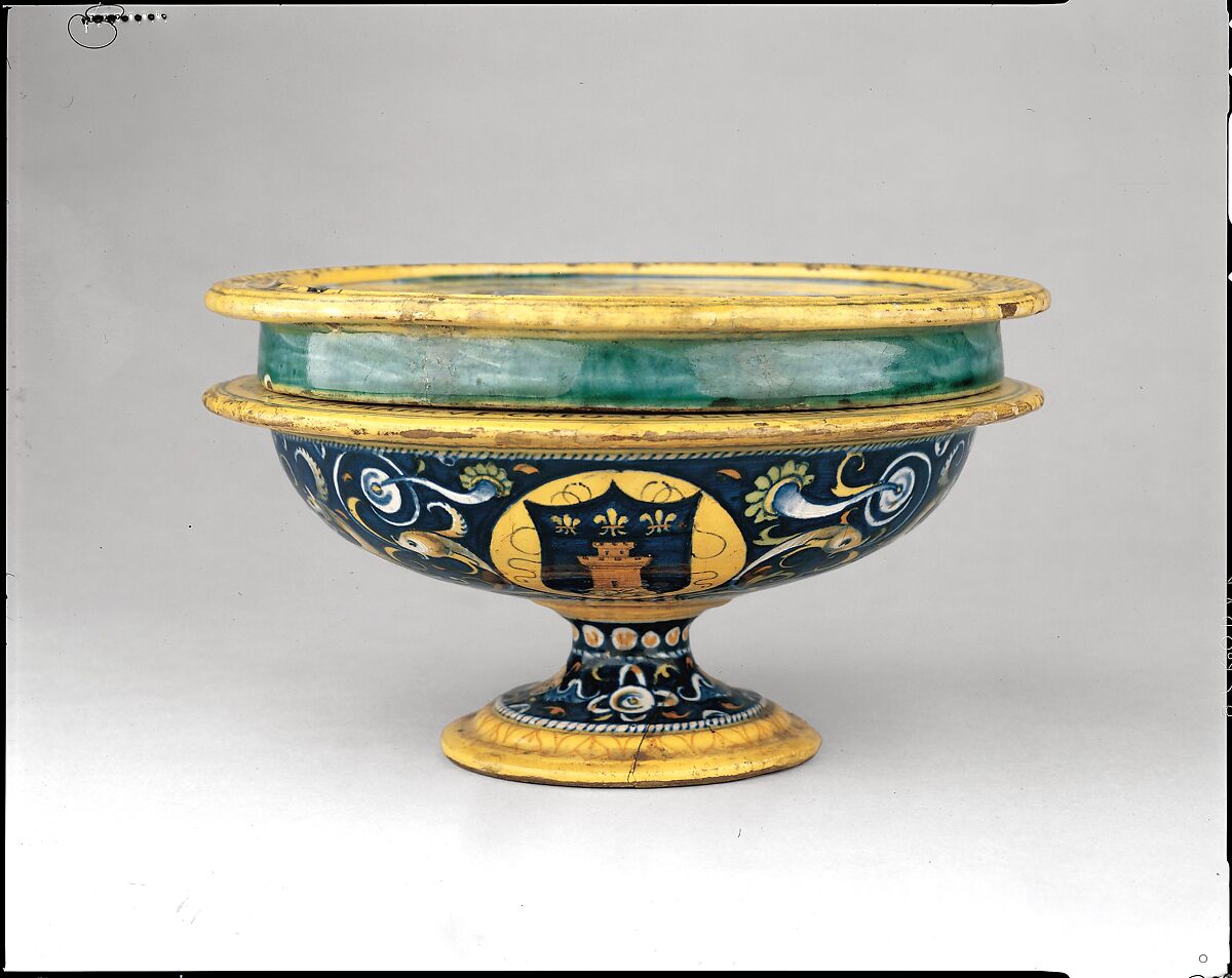 Broth bowl and cover (scodella and tagliere) from an accouchement set; Aeneas leaving Troy with his father and son (inside bowl); Pyramis and Thisbe (on cover), Baldassare Manara (Italian, Faenza, active first half 16th century), Maiolica (tin-glazed earthenware)