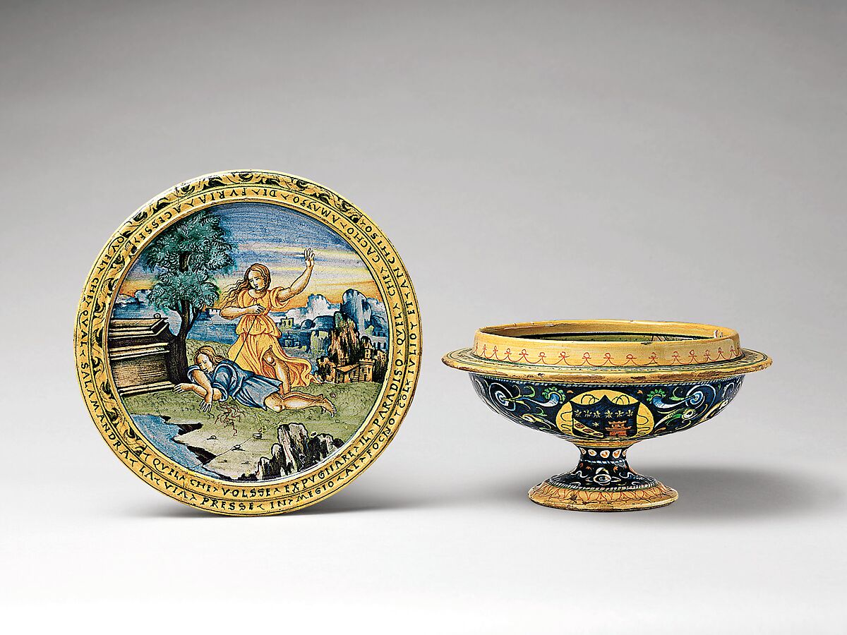 Broth bowl and cover (scodella and tagliere) from an accouchement set; Aeneas leaving Troy with his father and son (inside bowl); Pyramis and Thisbe (on cover), Baldassare Manara (Italian, Faenza, active first half 16th century), Maiolica (tin-glazed earthenware)