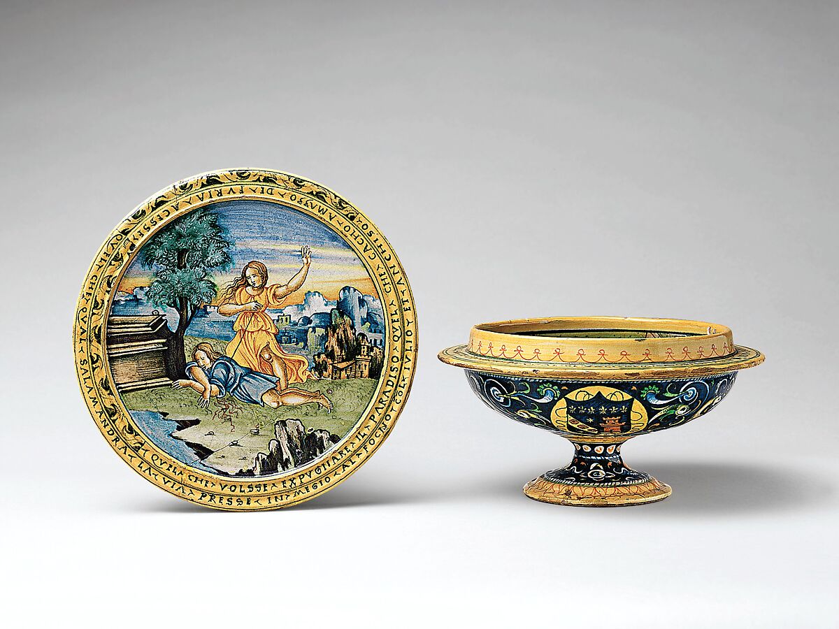 Broth bowl and cover (scodella and tagliere) from an accouchement set; Aeneas leaving Troy with his father and son (inside bowl); Pyramis and Thisbe (on cover), Baldassare Manara (Italian, Faenza, active first half 16th century), Maiolica (tin-glazed earthenware)