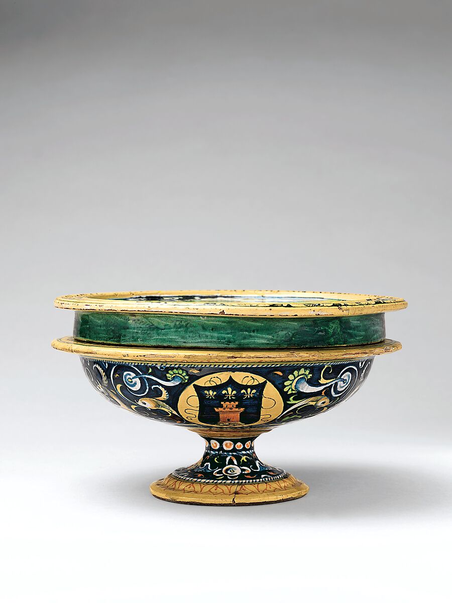 Broth bowl and cover (scodella and tagliere) from an accouchement set; Aeneas leaving Troy with his father and son (inside bowl); Pyramis and Thisbe (on cover), Baldassare Manara (Italian, Faenza, active first half 16th century), Maiolica (tin-glazed earthenware)