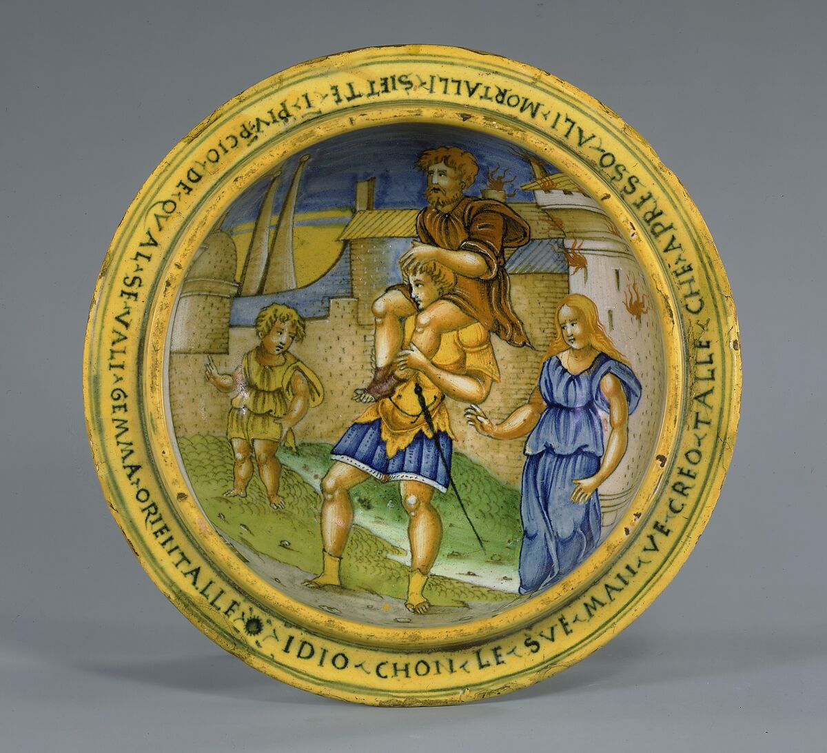 Broth bowl and cover (scodella and tagliere) from an accouchement set; Aeneas leaving Troy with his father and son (inside bowl); Pyramis and Thisbe (on cover), Baldassare Manara (Italian, Faenza, active first half 16th century), Maiolica (tin-glazed earthenware)