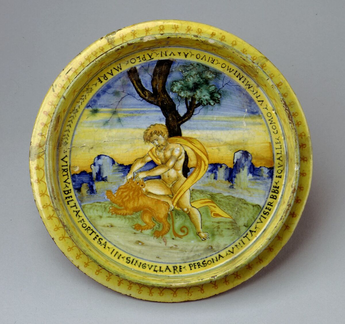 Broth bowl and cover (scodella and tagliere) from an accouchement set; Aeneas leaving Troy with his father and son (inside bowl); Pyramis and Thisbe (on cover), Baldassare Manara (Italian, Faenza, active first half 16th century), Maiolica (tin-glazed earthenware)