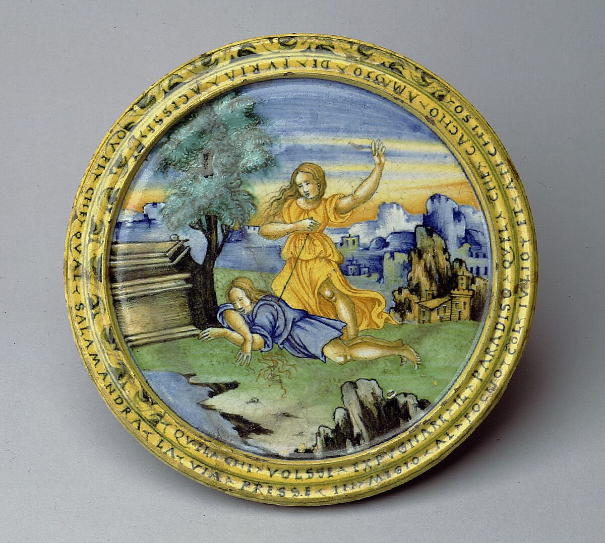 Broth bowl and cover (scodella and tagliere) from an accouchement set; Aeneas leaving Troy with his father and son (inside bowl); Pyramis and Thisbe (on cover), Baldassare Manara (Italian, Faenza, active first half 16th century), Maiolica (tin-glazed earthenware)