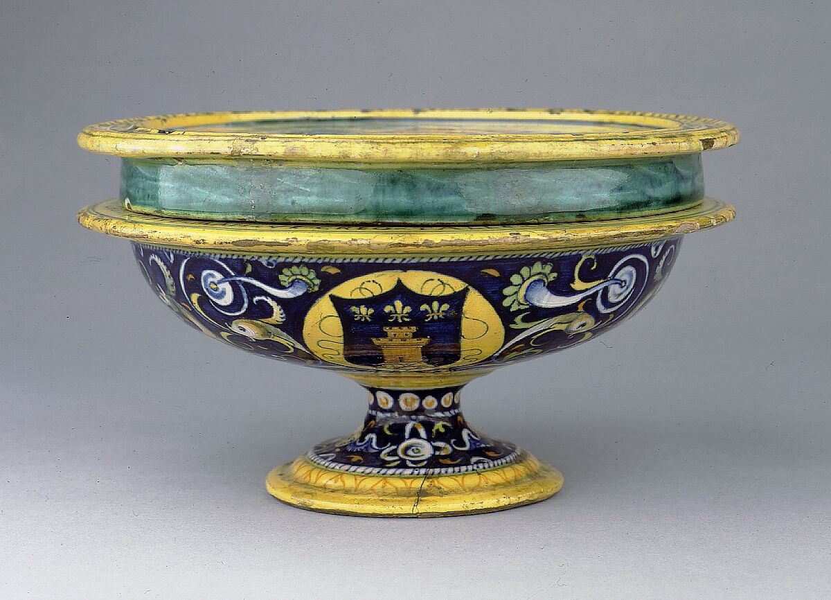 Broth bowl and cover (scodella and tagliere) from an accouchement set; Aeneas leaving Troy with his father and son (inside bowl); Pyramis and Thisbe (on cover), Baldassare Manara (Italian, Faenza, active first half 16th century), Maiolica (tin-glazed earthenware)