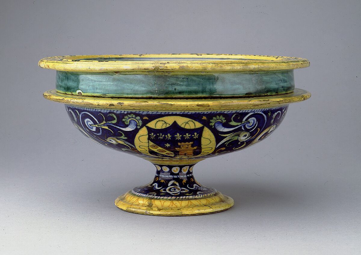 Broth bowl and cover (scodella and tagliere) from an accouchement set; Aeneas leaving Troy with his father and son (inside bowl); Pyramis and Thisbe (on cover), Baldassare Manara (Italian, Faenza, active first half 16th century), Maiolica (tin-glazed earthenware)