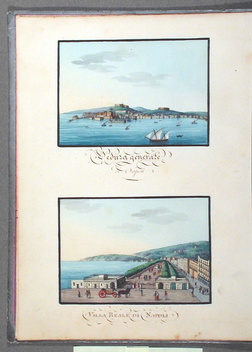 Sketchbook: Souvenir of Naples, Unknown Artist (Italian, 19th century), Sketchbook with faded calfskin binding, pink endpapers and 56 views of Naples arranged two a page on 28 facing pages: pages 1-24 in watercolor over graphite, pages 25-28 in gouache., Italian, Naples