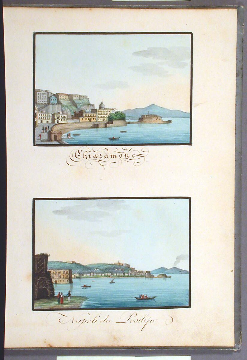 Sketchbook: Souvenir of Naples, Unknown Artist (Italian, 19th century), Sketchbook with faded calfskin binding, pink endpapers and 56 views of Naples arranged two a page on 28 facing pages: pages 1-24 in watercolor over graphite, pages 25-28 in gouache., Italian, Naples