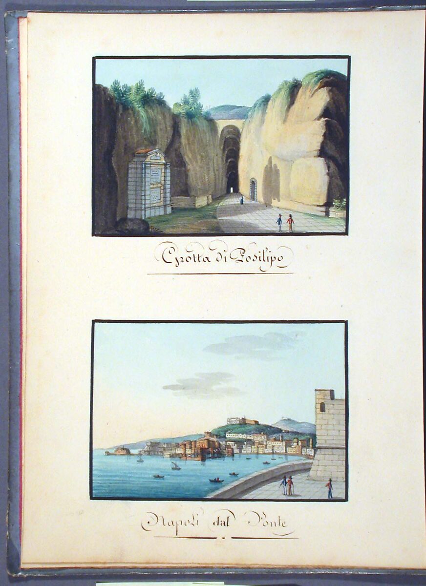 Sketchbook: Souvenir of Naples, Unknown Artist (Italian, 19th century), Sketchbook with faded calfskin binding, pink endpapers and 56 views of Naples arranged two a page on 28 facing pages: pages 1-24 in watercolor over graphite, pages 25-28 in gouache., Italian, Naples