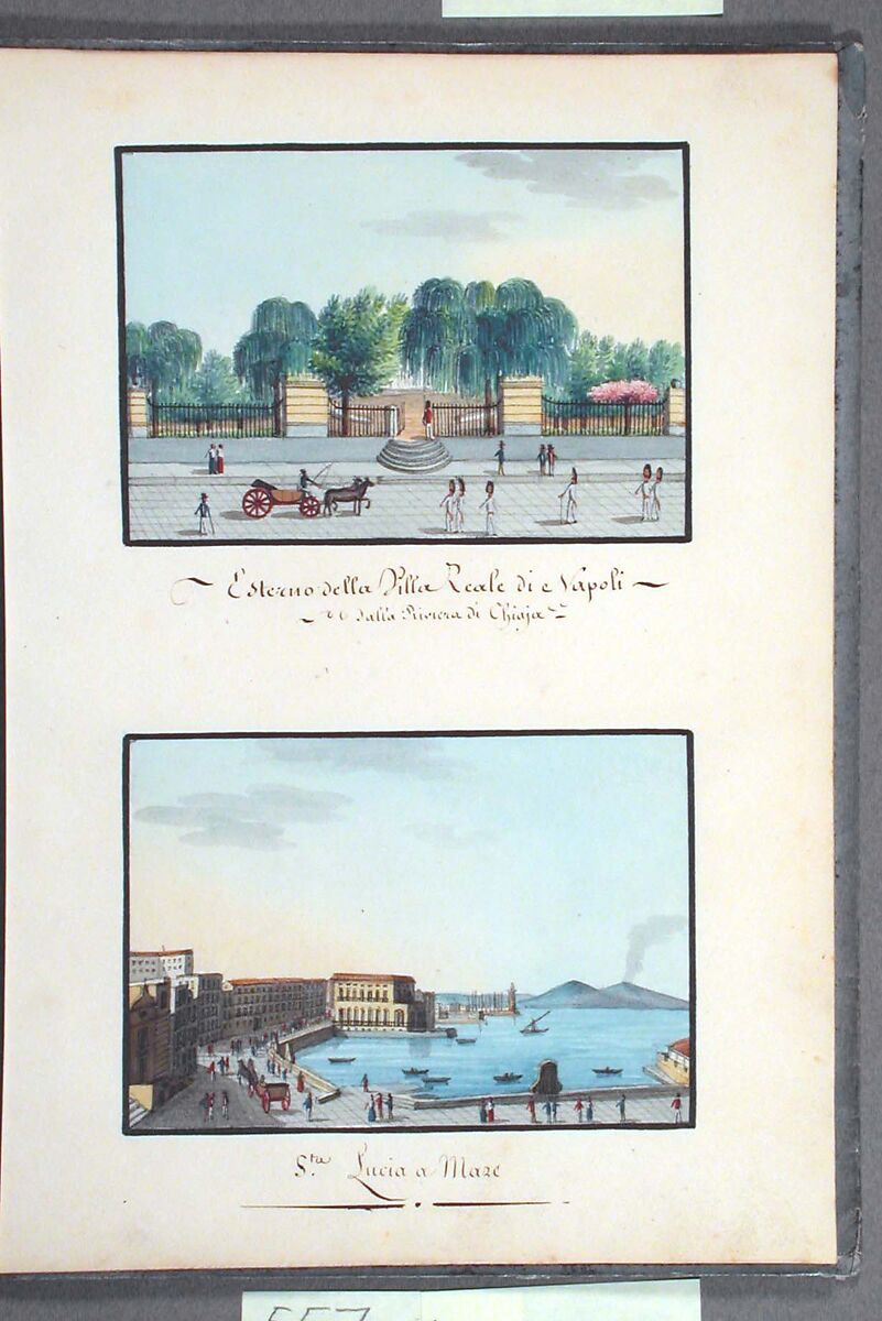 Sketchbook: Souvenir of Naples, Unknown Artist (Italian, 19th century), Sketchbook with faded calfskin binding, pink endpapers and 56 views of Naples arranged two a page on 28 facing pages: pages 1-24 in watercolor over graphite, pages 25-28 in gouache., Italian, Naples