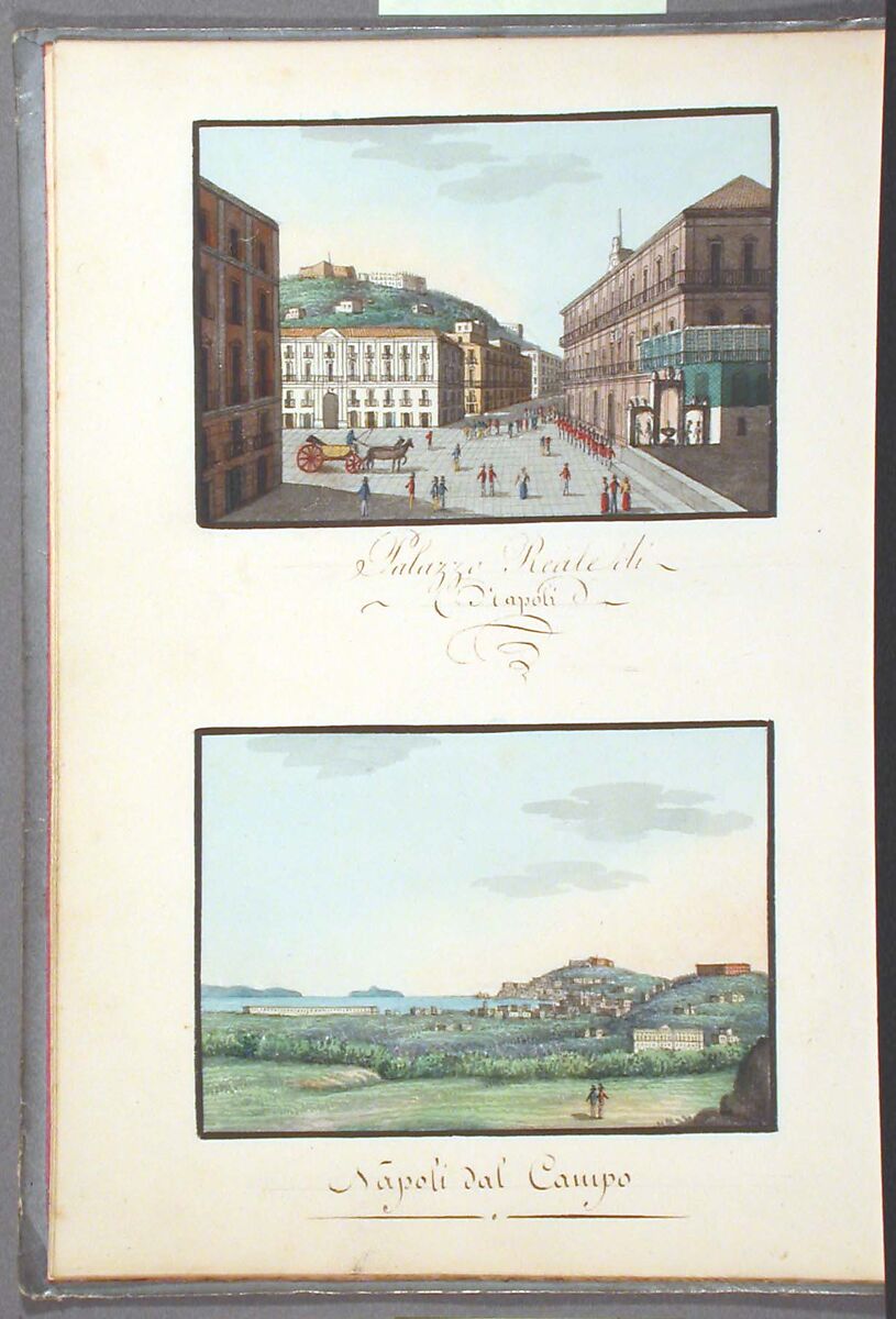 Sketchbook: Souvenir of Naples, Unknown Artist (Italian, 19th century), Sketchbook with faded calfskin binding, pink endpapers and 56 views of Naples arranged two a page on 28 facing pages: pages 1-24 in watercolor over graphite, pages 25-28 in gouache., Italian, Naples