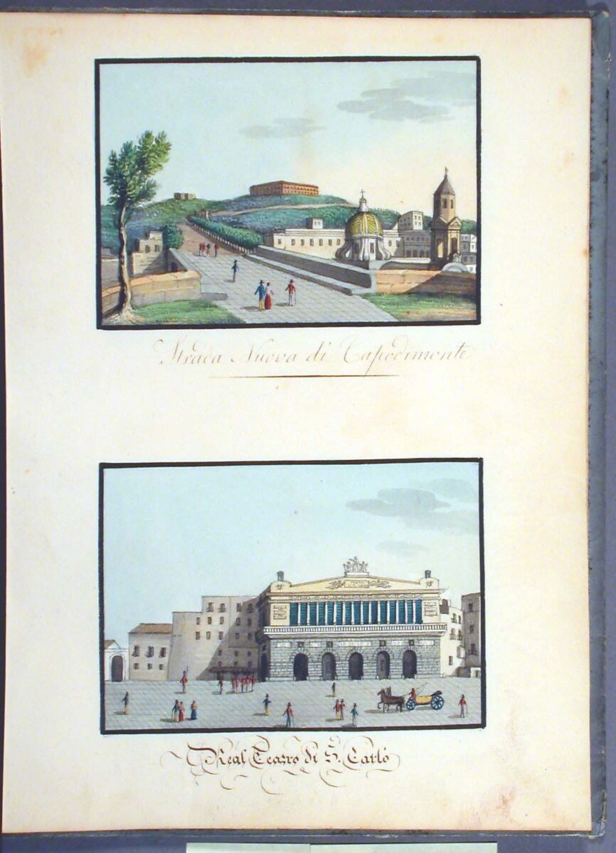 Sketchbook: Souvenir of Naples, Unknown Artist (Italian, 19th century), Sketchbook with faded calfskin binding, pink endpapers and 56 views of Naples arranged two a page on 28 facing pages: pages 1-24 in watercolor over graphite, pages 25-28 in gouache., Italian, Naples