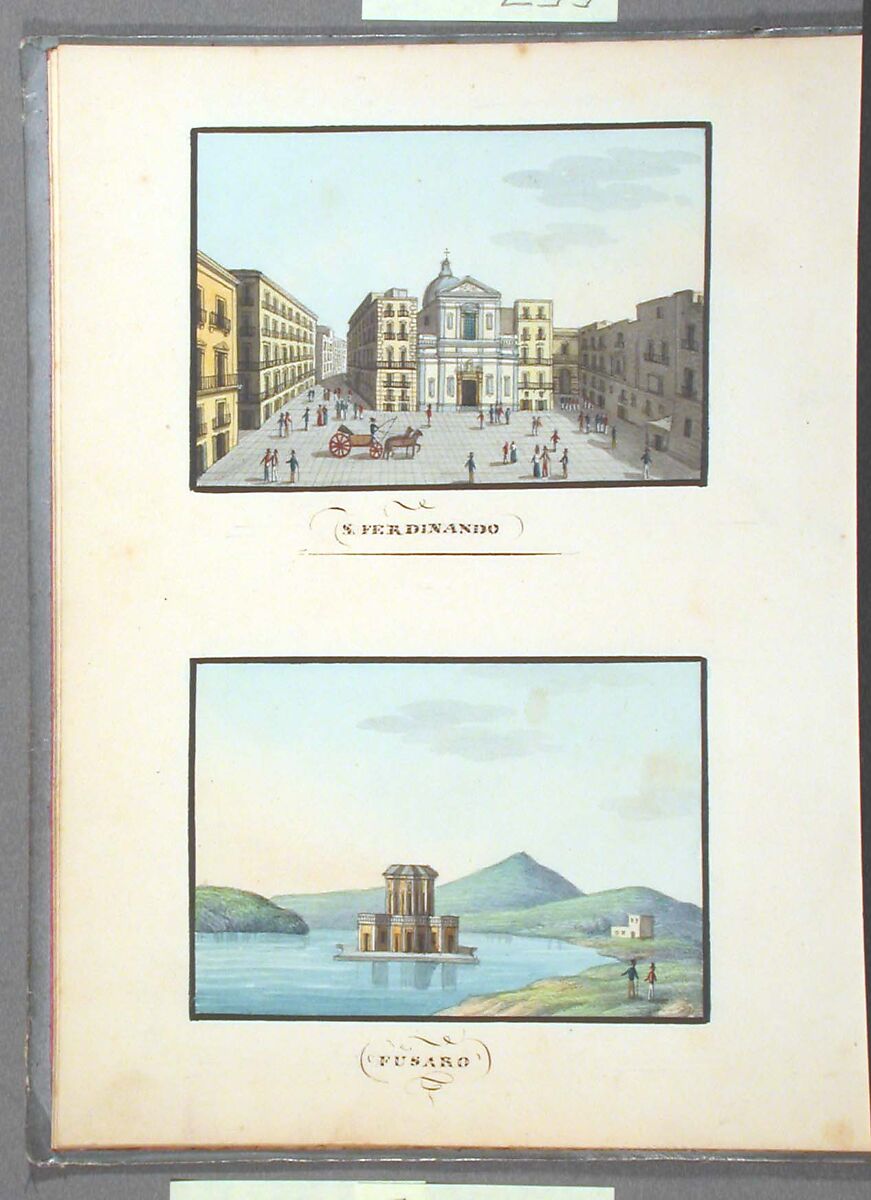 Sketchbook: Souvenir of Naples, Unknown Artist (Italian, 19th century), Sketchbook with faded calfskin binding, pink endpapers and 56 views of Naples arranged two a page on 28 facing pages: pages 1-24 in watercolor over graphite, pages 25-28 in gouache., Italian, Naples