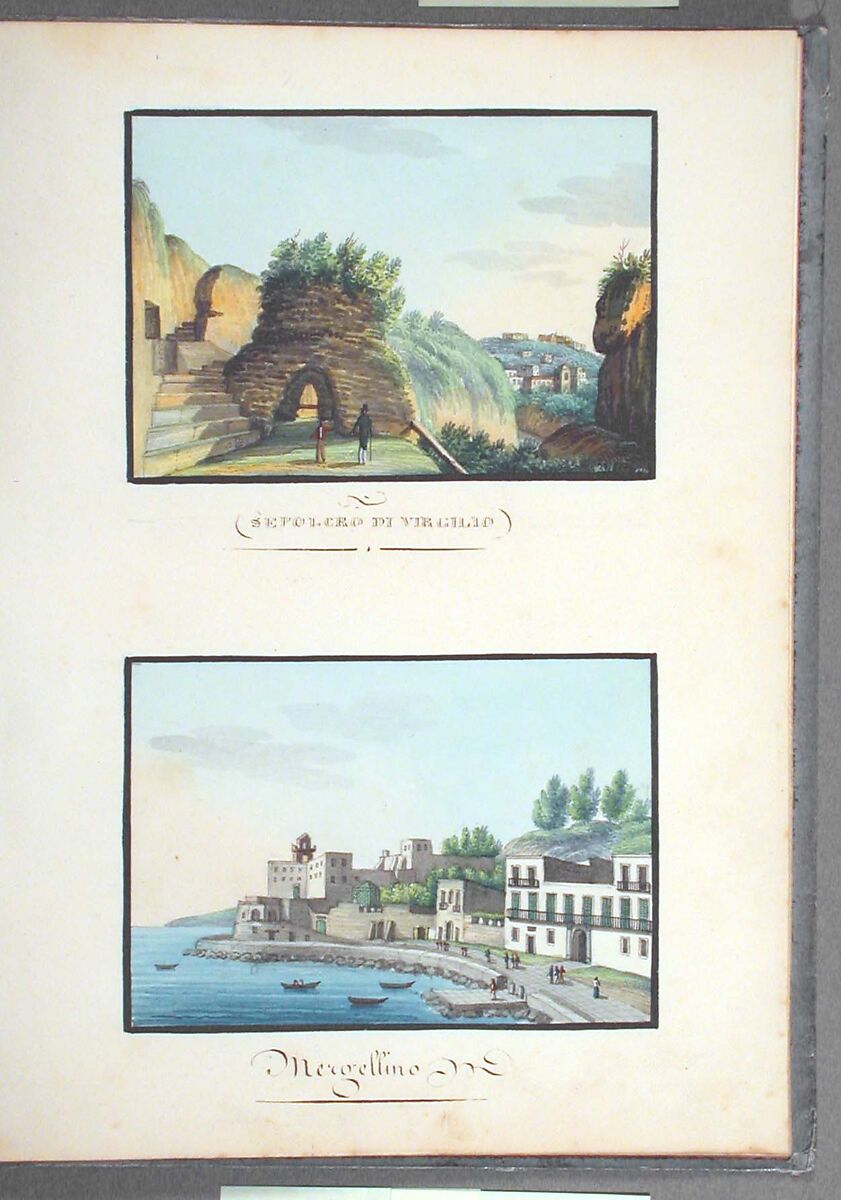 Sketchbook: Souvenir of Naples, Unknown Artist (Italian, 19th century), Sketchbook with faded calfskin binding, pink endpapers and 56 views of Naples arranged two a page on 28 facing pages: pages 1-24 in watercolor over graphite, pages 25-28 in gouache., Italian, Naples