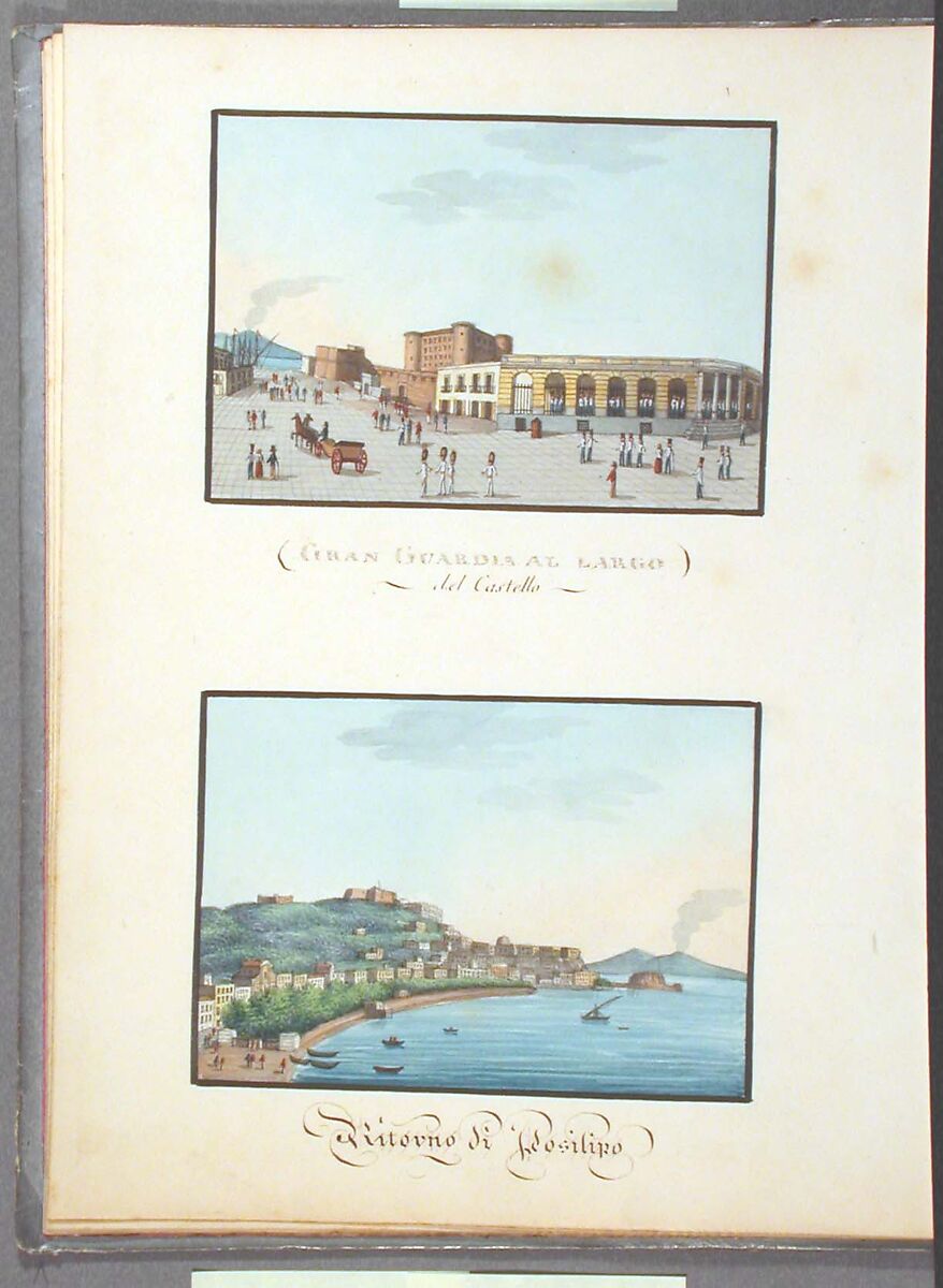 Sketchbook: Souvenir of Naples, Unknown Artist (Italian, 19th century), Sketchbook with faded calfskin binding, pink endpapers and 56 views of Naples arranged two a page on 28 facing pages: pages 1-24 in watercolor over graphite, pages 25-28 in gouache., Italian, Naples