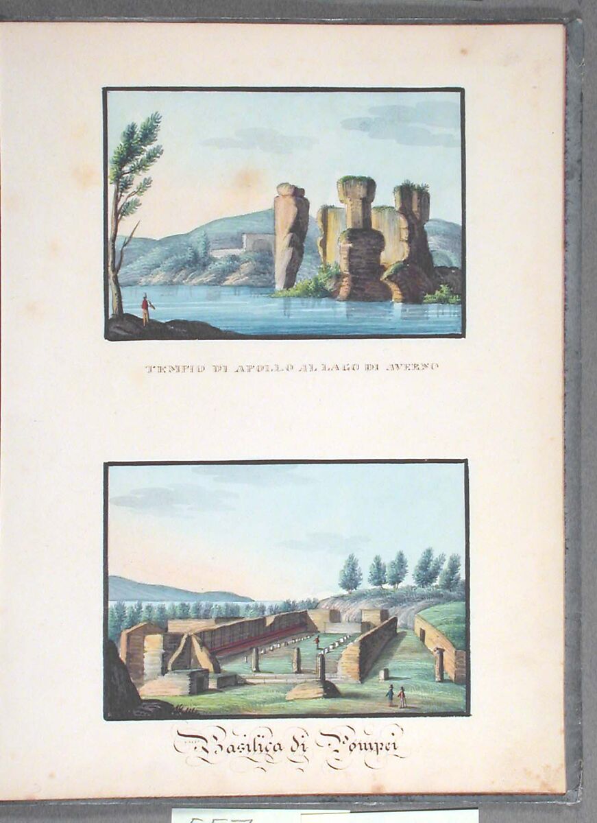 Sketchbook: Souvenir of Naples, Unknown Artist (Italian, 19th century), Sketchbook with faded calfskin binding, pink endpapers and 56 views of Naples arranged two a page on 28 facing pages: pages 1-24 in watercolor over graphite, pages 25-28 in gouache., Italian, Naples