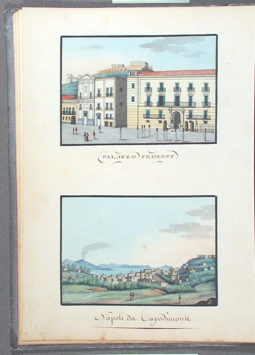 Sketchbook: Souvenir of Naples, Unknown Artist (Italian, 19th century), Sketchbook with faded calfskin binding, pink endpapers and 56 views of Naples arranged two a page on 28 facing pages: pages 1-24 in watercolor over graphite, pages 25-28 in gouache., Italian, Naples