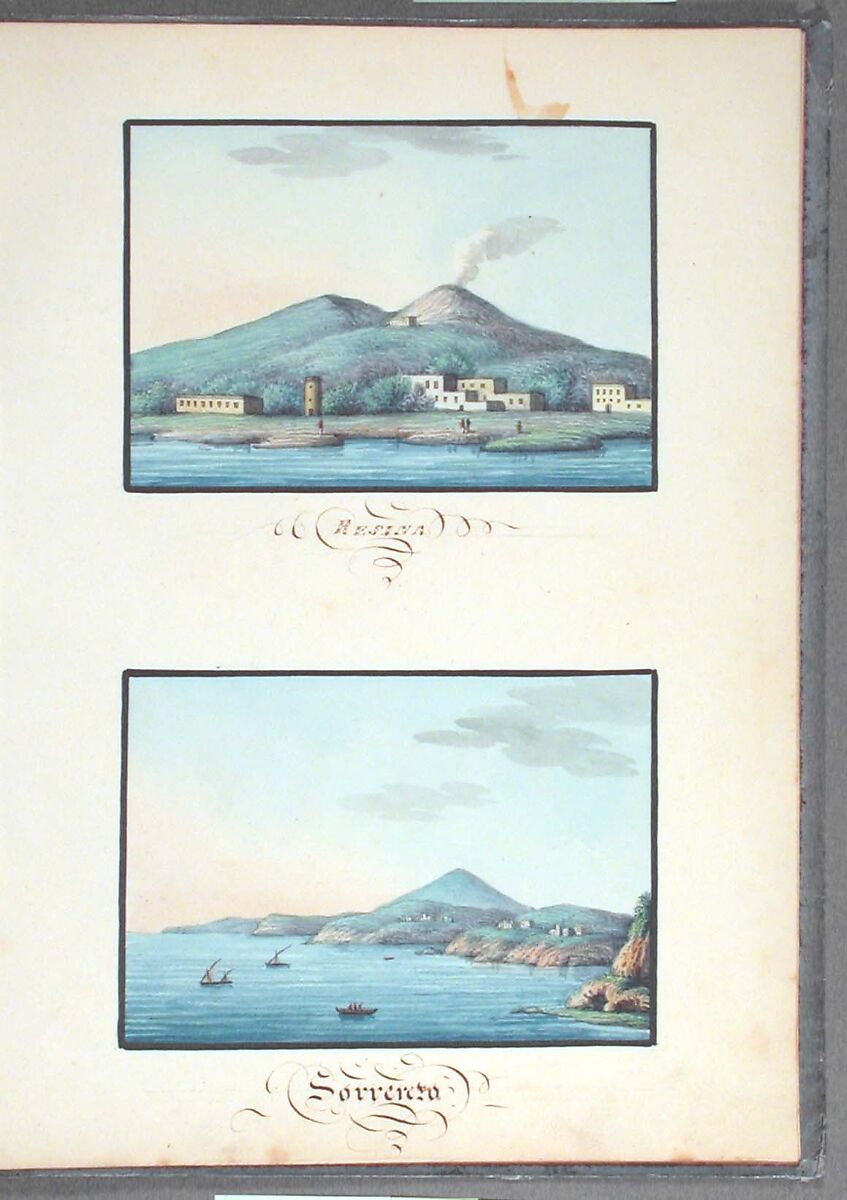 Sketchbook: Souvenir of Naples, Unknown Artist (Italian, 19th century), Sketchbook with faded calfskin binding, pink endpapers and 56 views of Naples arranged two a page on 28 facing pages: pages 1-24 in watercolor over graphite, pages 25-28 in gouache., Italian, Naples