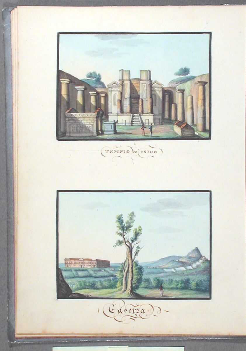 Sketchbook: Souvenir of Naples, Unknown Artist (Italian, 19th century), Sketchbook with faded calfskin binding, pink endpapers and 56 views of Naples arranged two a page on 28 facing pages: pages 1-24 in watercolor over graphite, pages 25-28 in gouache., Italian, Naples