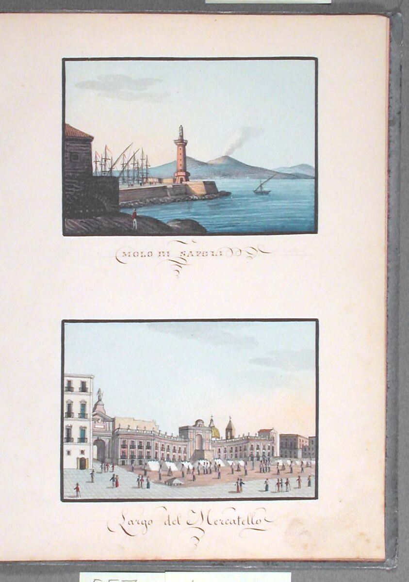 Sketchbook: Souvenir of Naples, Unknown Artist (Italian, 19th century), Sketchbook with faded calfskin binding, pink endpapers and 56 views of Naples arranged two a page on 28 facing pages: pages 1-24 in watercolor over graphite, pages 25-28 in gouache., Italian, Naples
