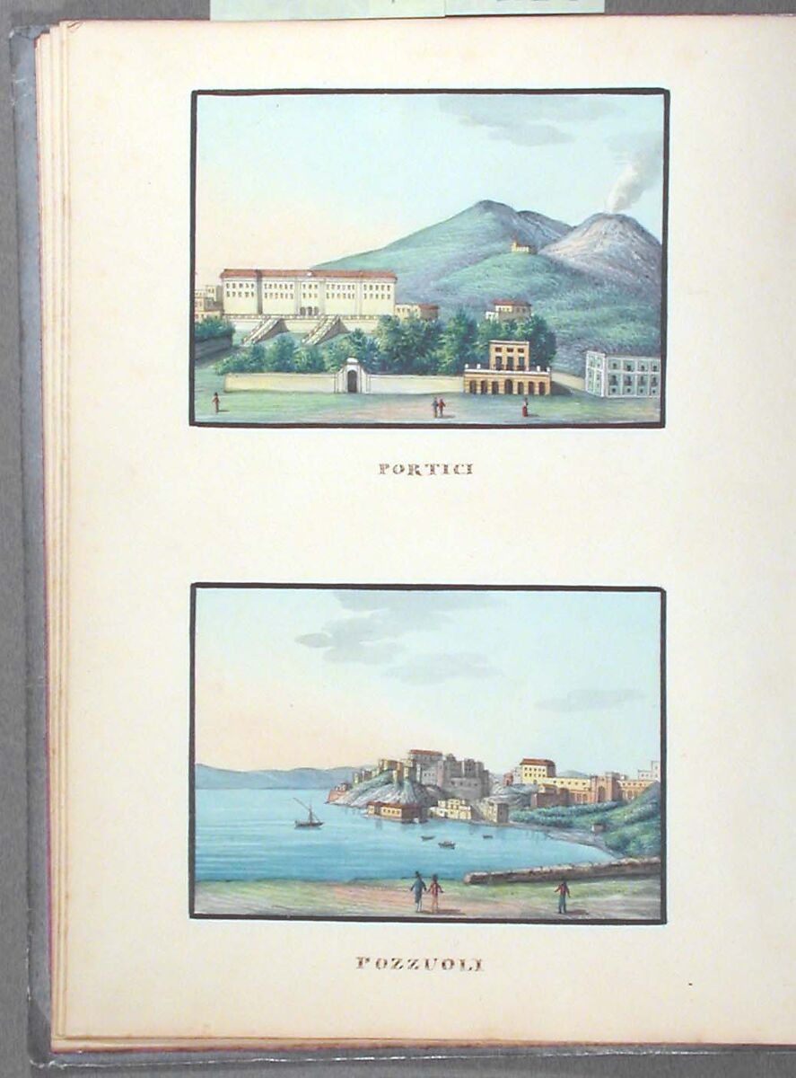 Sketchbook: Souvenir of Naples, Unknown Artist (Italian, 19th century), Sketchbook with faded calfskin binding, pink endpapers and 56 views of Naples arranged two a page on 28 facing pages: pages 1-24 in watercolor over graphite, pages 25-28 in gouache., Italian, Naples