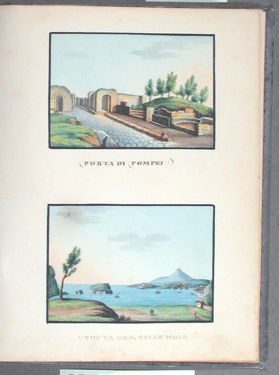 Sketchbook: Souvenir of Naples, Unknown Artist (Italian, 19th century), Sketchbook with faded calfskin binding, pink endpapers and 56 views of Naples arranged two a page on 28 facing pages: pages 1-24 in watercolor over graphite, pages 25-28 in gouache., Italian, Naples