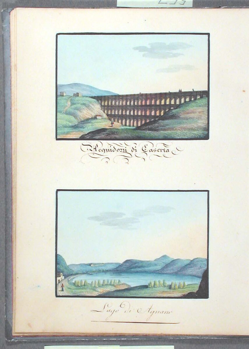 Sketchbook: Souvenir of Naples, Unknown Artist (Italian, 19th century), Sketchbook with faded calfskin binding, pink endpapers and 56 views of Naples arranged two a page on 28 facing pages: pages 1-24 in watercolor over graphite, pages 25-28 in gouache., Italian, Naples