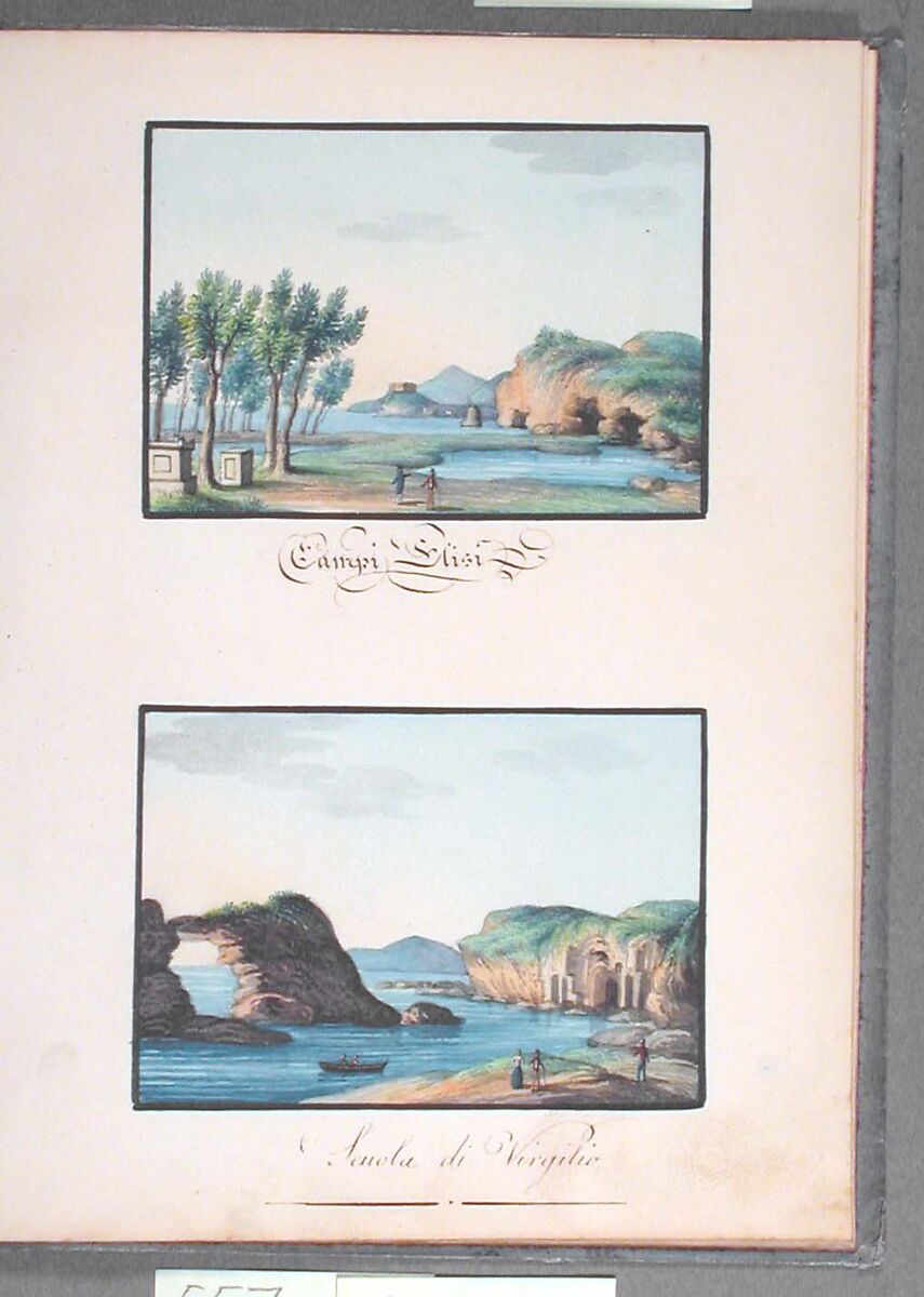 Sketchbook: Souvenir of Naples, Unknown Artist (Italian, 19th century), Sketchbook with faded calfskin binding, pink endpapers and 56 views of Naples arranged two a page on 28 facing pages: pages 1-24 in watercolor over graphite, pages 25-28 in gouache., Italian, Naples