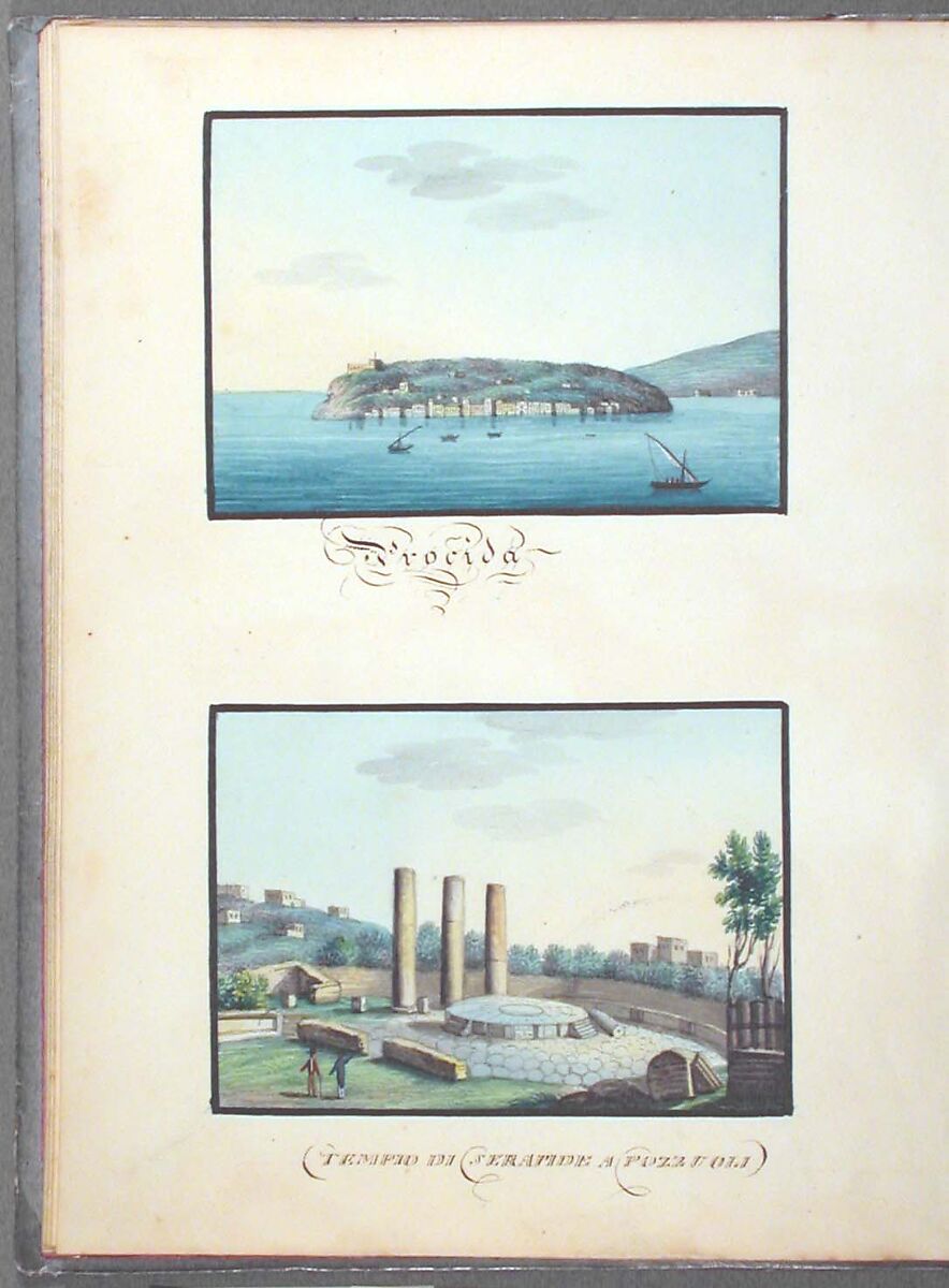 Sketchbook: Souvenir of Naples, Unknown Artist (Italian, 19th century), Sketchbook with faded calfskin binding, pink endpapers and 56 views of Naples arranged two a page on 28 facing pages: pages 1-24 in watercolor over graphite, pages 25-28 in gouache., Italian, Naples