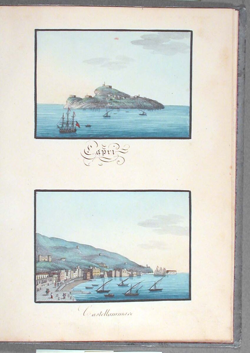 Sketchbook: Souvenir of Naples, Unknown Artist (Italian, 19th century), Sketchbook with faded calfskin binding, pink endpapers and 56 views of Naples arranged two a page on 28 facing pages: pages 1-24 in watercolor over graphite, pages 25-28 in gouache., Italian, Naples