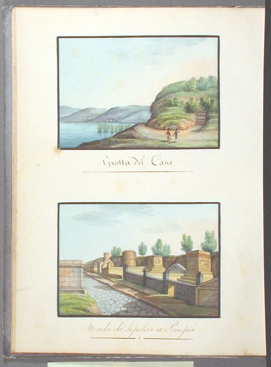 Sketchbook: Souvenir of Naples, Unknown Artist (Italian, 19th century), Sketchbook with faded calfskin binding, pink endpapers and 56 views of Naples arranged two a page on 28 facing pages: pages 1-24 in watercolor over graphite, pages 25-28 in gouache., Italian, Naples