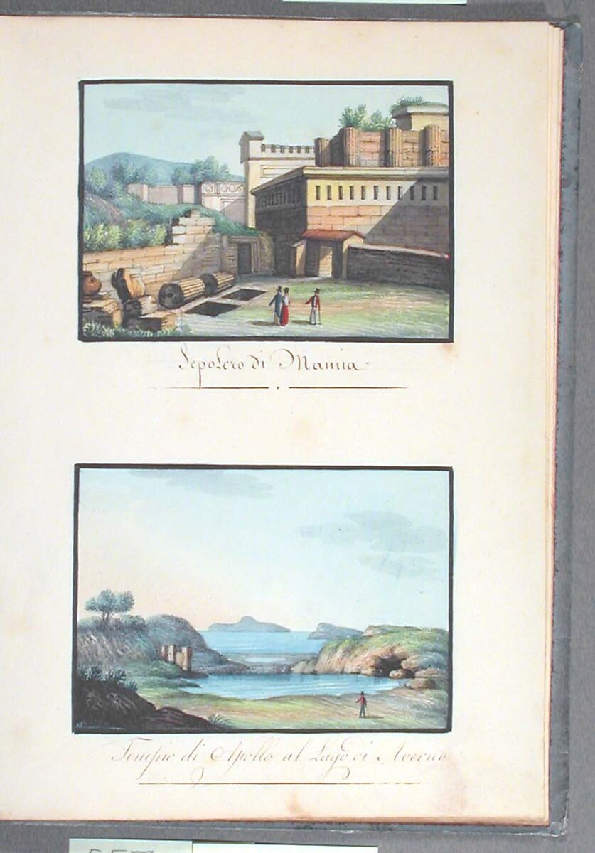 Sketchbook: Souvenir of Naples, Unknown Artist (Italian, 19th century), Sketchbook with faded calfskin binding, pink endpapers and 56 views of Naples arranged two a page on 28 facing pages: pages 1-24 in watercolor over graphite, pages 25-28 in gouache., Italian, Naples
