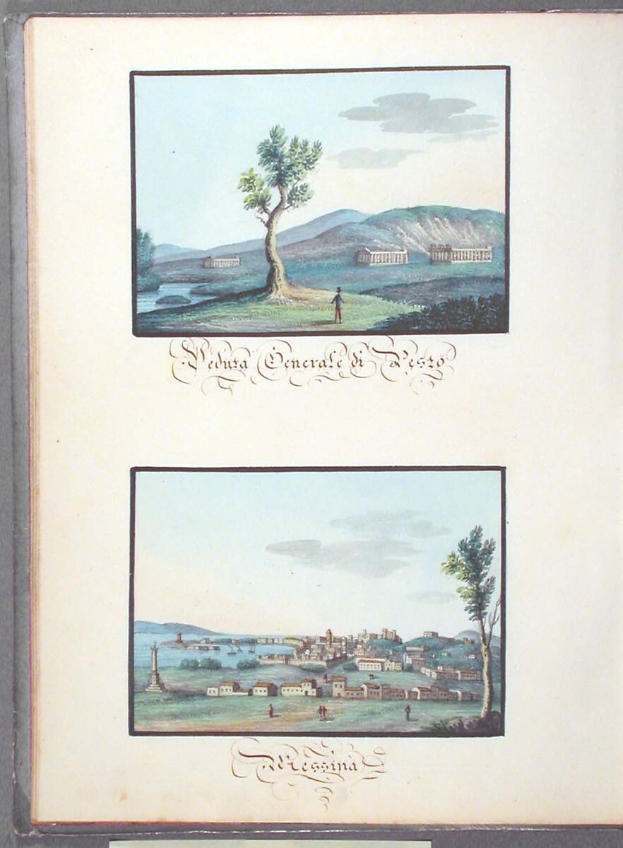 Sketchbook: Souvenir of Naples, Unknown Artist (Italian, 19th century), Sketchbook with faded calfskin binding, pink endpapers and 56 views of Naples arranged two a page on 28 facing pages: pages 1-24 in watercolor over graphite, pages 25-28 in gouache., Italian, Naples