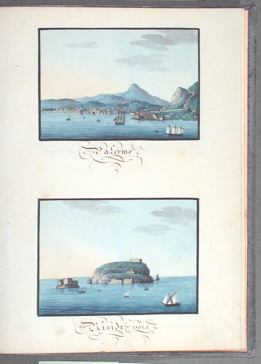 Sketchbook: Souvenir of Naples, Unknown Artist (Italian, 19th century), Sketchbook with faded calfskin binding, pink endpapers and 56 views of Naples arranged two a page on 28 facing pages: pages 1-24 in watercolor over graphite, pages 25-28 in gouache., Italian, Naples