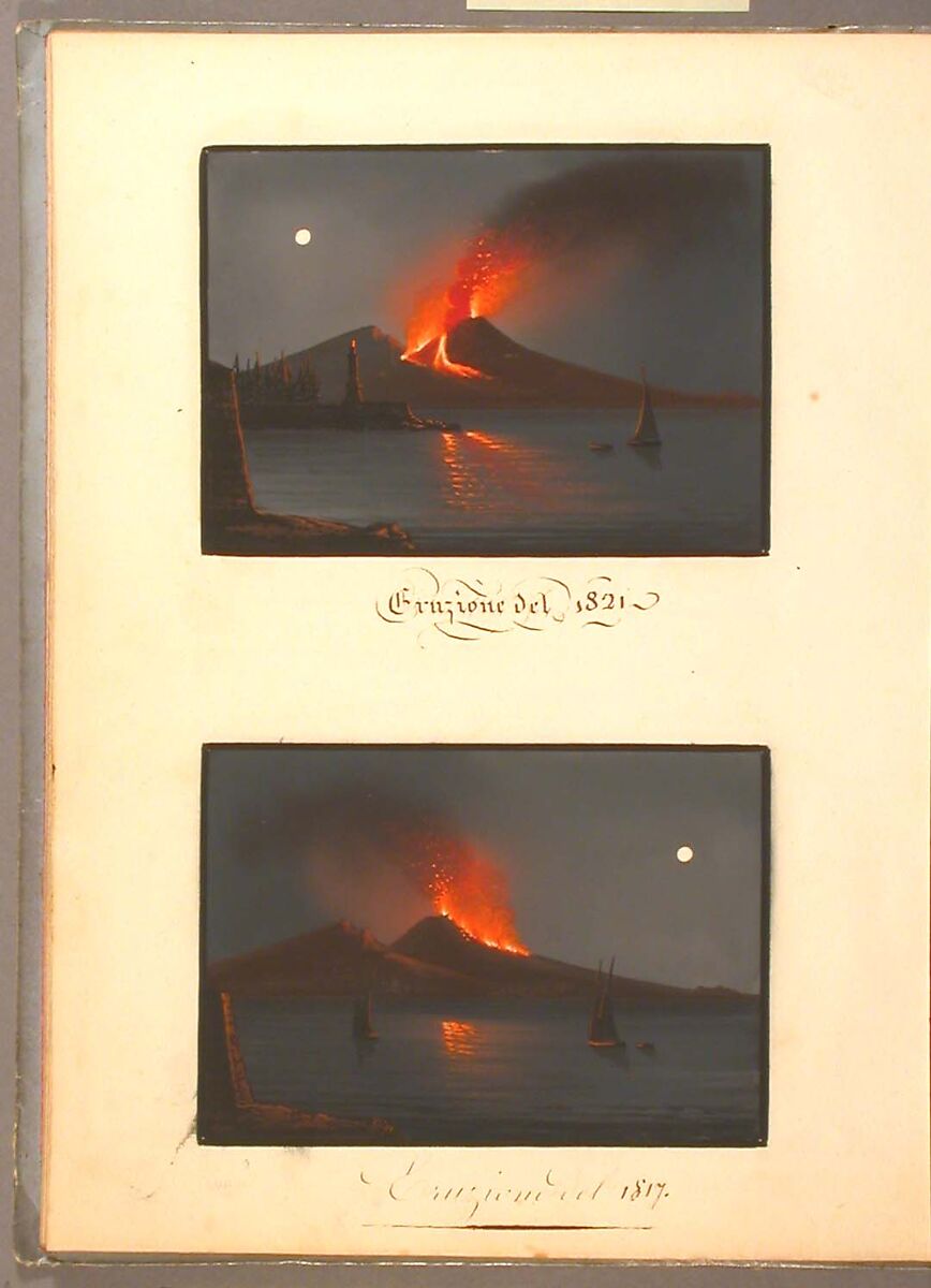 Sketchbook: Souvenir of Naples, Unknown Artist (Italian, 19th century), Sketchbook with faded calfskin binding, pink endpapers and 56 views of Naples arranged two a page on 28 facing pages: pages 1-24 in watercolor over graphite, pages 25-28 in gouache., Italian, Naples