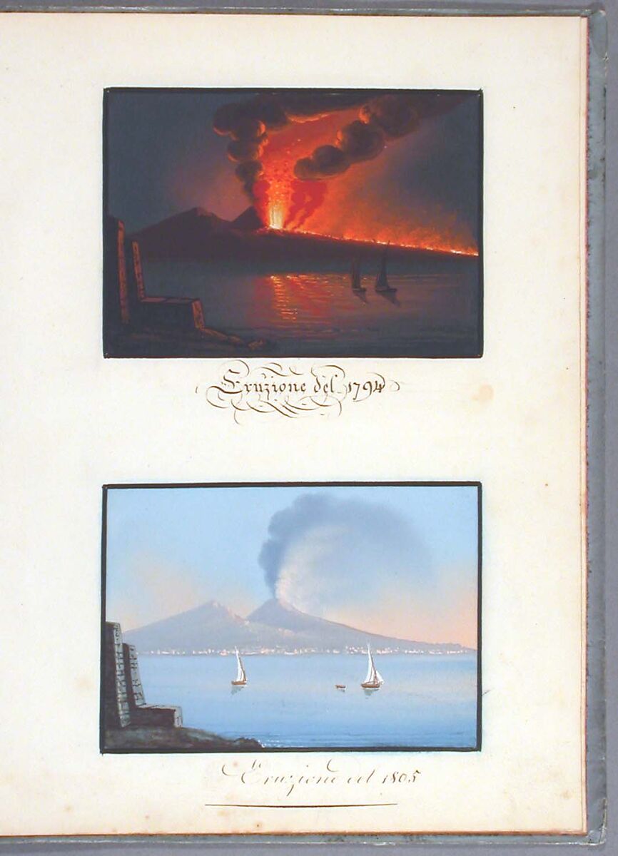 Sketchbook: Souvenir of Naples, Unknown Artist (Italian, 19th century), Sketchbook with faded calfskin binding, pink endpapers and 56 views of Naples arranged two a page on 28 facing pages: pages 1-24 in watercolor over graphite, pages 25-28 in gouache., Italian, Naples