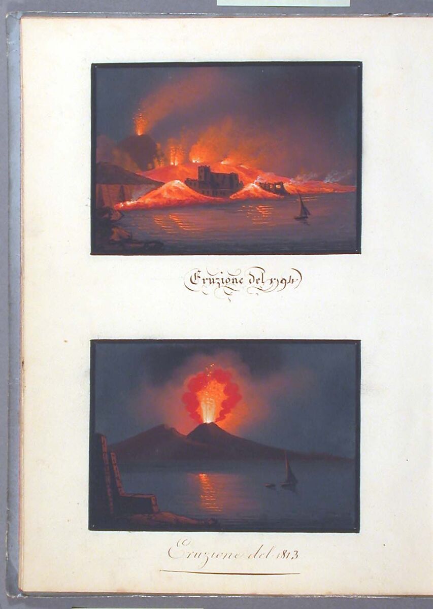 Sketchbook: Souvenir of Naples, Unknown Artist (Italian, 19th century), Sketchbook with faded calfskin binding, pink endpapers and 56 views of Naples arranged two a page on 28 facing pages: pages 1-24 in watercolor over graphite, pages 25-28 in gouache., Italian, Naples