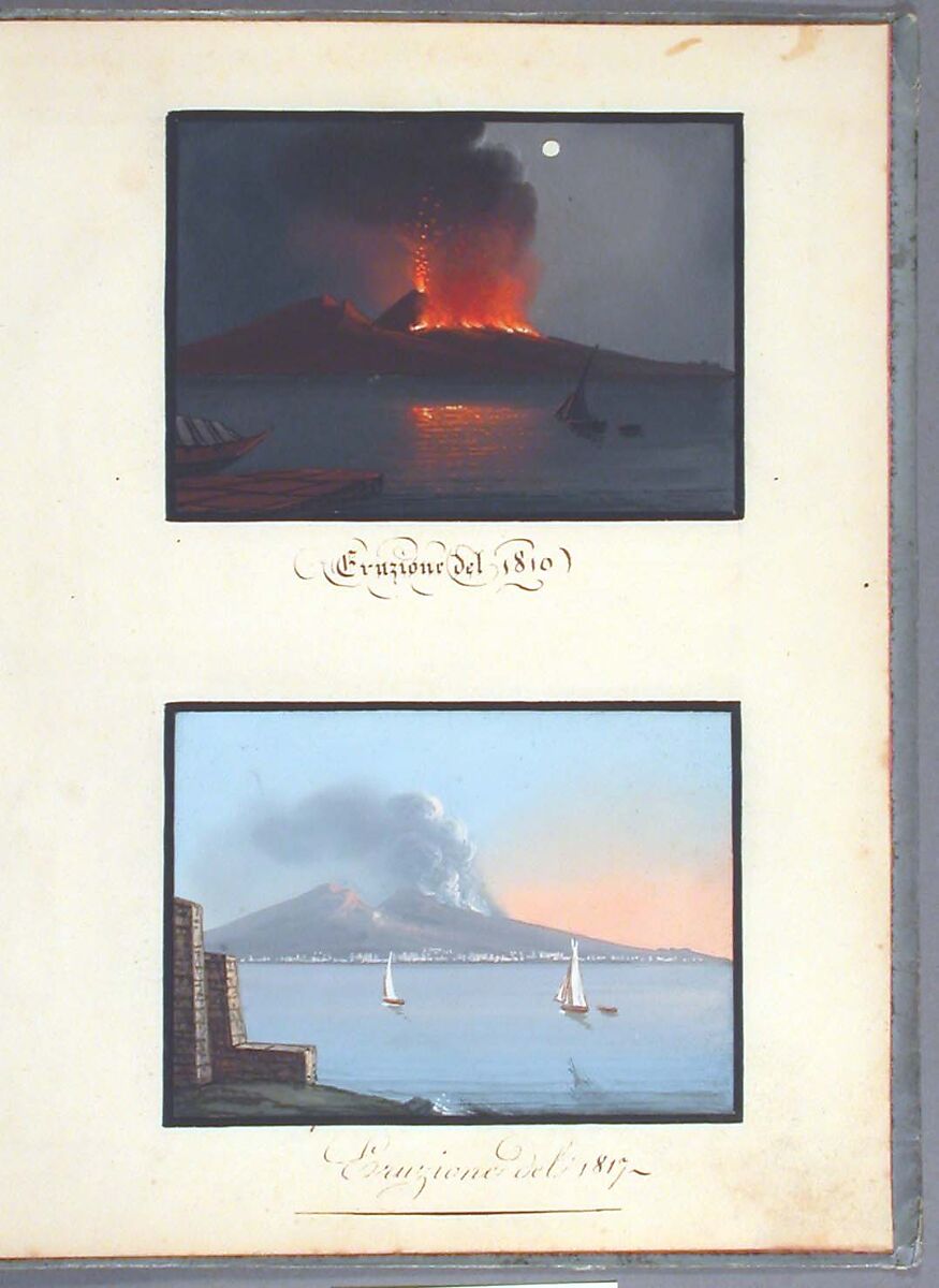 Sketchbook: Souvenir of Naples, Unknown Artist (Italian, 19th century), Sketchbook with faded calfskin binding, pink endpapers and 56 views of Naples arranged two a page on 28 facing pages: pages 1-24 in watercolor over graphite, pages 25-28 in gouache., Italian, Naples