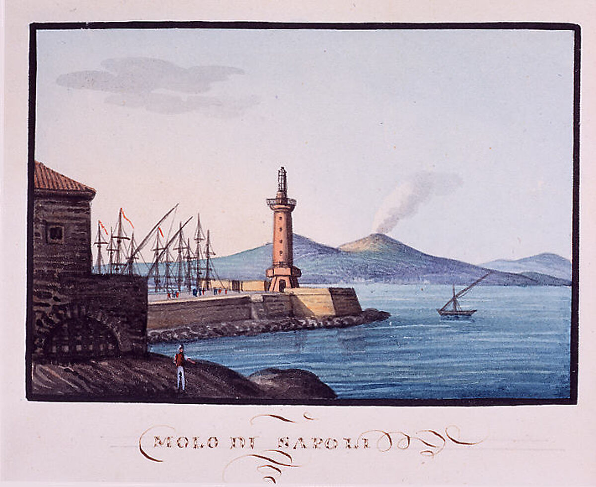 Sketchbook: Souvenir of Naples, Unknown Artist (Italian, 19th century), Sketchbook with faded calfskin binding, pink endpapers and 56 views of Naples arranged two a page on 28 facing pages: pages 1-24 in watercolor over graphite, pages 25-28 in gouache., Italian, Naples